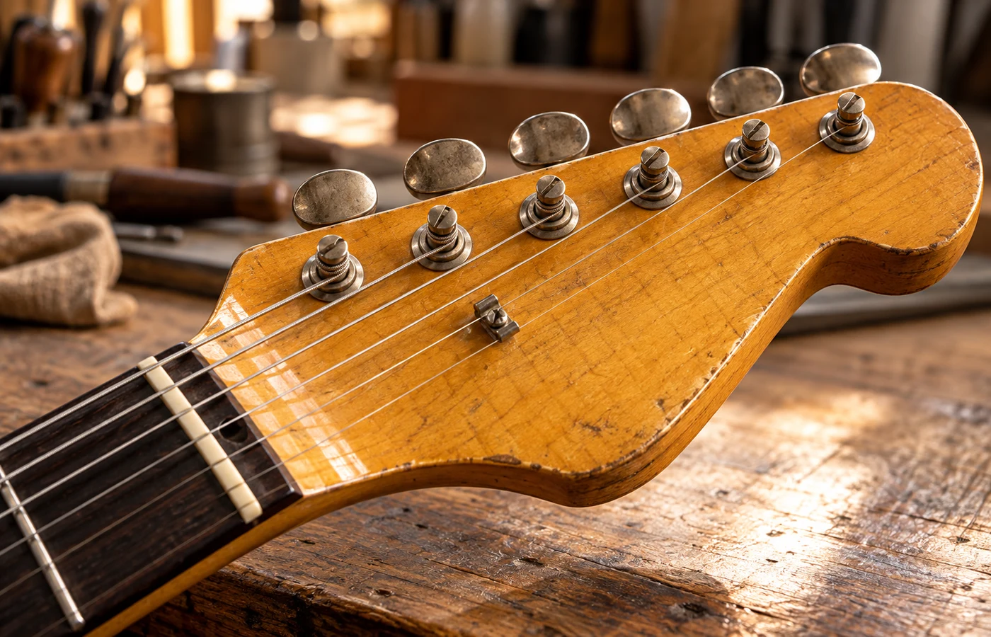 Maple guitar headstock and tuning machines